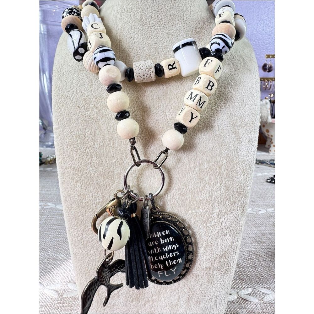 For Teachers Black Suede Tassel Lanyard with Metal Charms & Wood Beads
